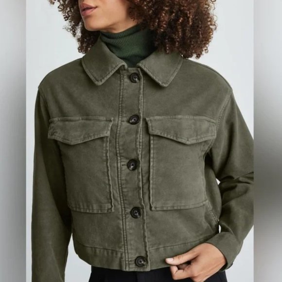 Everlane The Moleskin Utility Olive Green Distressed Cropped Jacket - Picture 6 of 9